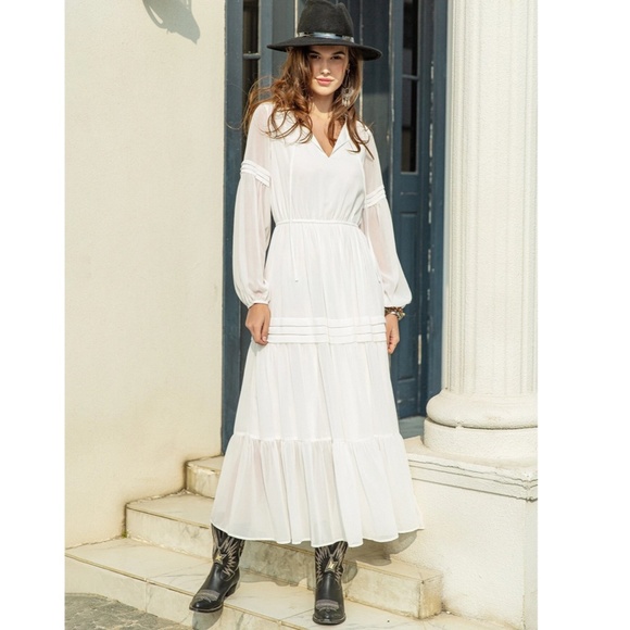 White Bohemian Maxi Dress Chiffon Neck Ties Long Sleeve Ruffle Hem Flowy - Picture 9 of 10